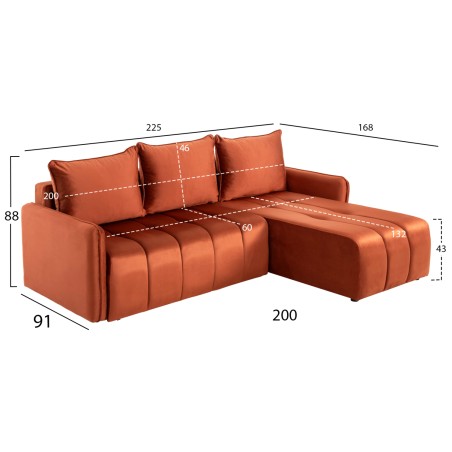 ΓΩΝΙΑΚΟΣ ΚΑΝΑΠΕΣ-ΚΡΕΒΑΤΙ FB93272.09 ΠΟΡΤΟΚΑΛΙ ΒΕΛΟΥΔΟ 225x94x70Υεκ.